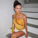 Women Y2K Mesh Tube Top Tie Dye Strapless Ruched Sleeveless Bandeau Tank Top Slim Fit Camisole Summer Crop Top with Scarves Yellow (Yellow, L)