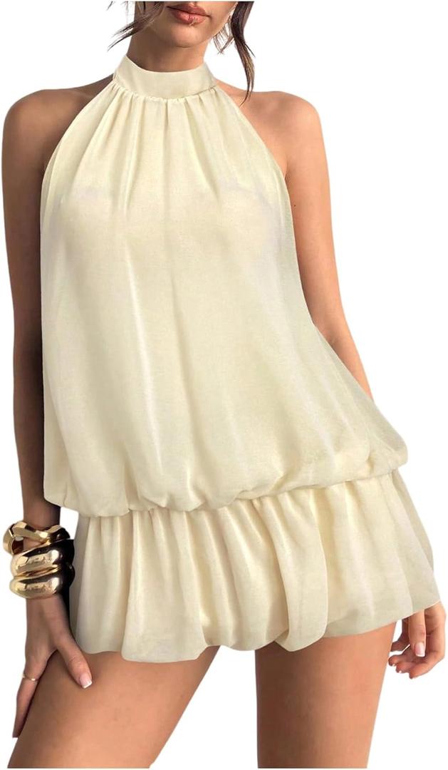 Floerns Women's Y2k Summer Halter Dress Tie Open Back Sleeveless Ruffle Hem Bubble Going Out Mini Dresses (Medium, Apricot)