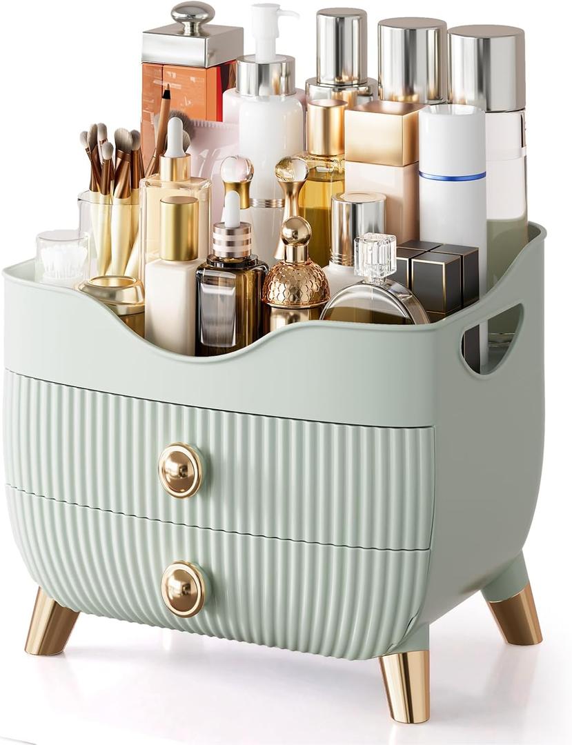 Makeup Organizer for Vanity, Large Capacity Skincare Cosmetic Organizer Countertop with 2 Drawers, Cosmetic Display Cases Makeup Storage Box for Bedroom, Bathroom, Ideal Gifts for Women(Green)
