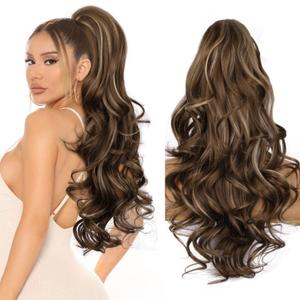 24 Inch Ponytail Extension, Layered Ponytail Extensions for Women, Soft Wavy Claw Clip in Ponytail Extension, Natural Synthetic Hair Pieces for Women (Color: Ash Brown with Beige Blonde Highlights)
