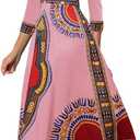 African Dress for Women Print Maxi Dress Sexy V Neck Dashiki Party Dresses Elegant Bohemian Long Sleeve Prom Attire Flowy Cocktail Tropical Vintage Outfits (L)