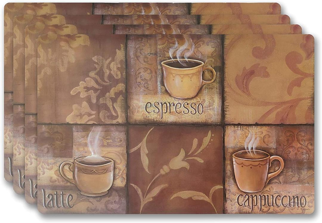 Vinyl Rectangular Placemats Set of 4 - Non Slip Place Mats Ideal for Indoor and Outdoor Dining Table - Washable and Heat Resistant Fall Placemats for Kitchen Tables (Coffee Tiles) (17 x 12 inches (Rectangular))