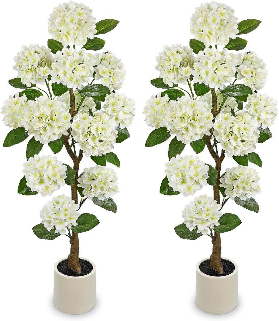 4FT White Hydrangea Artificial Flowers Tree Large Real Touch Faux Silk Hydrangea Plants Potted Fake Flower in White Pot for Home Indoor Outdoor Front Porch Garden Entrance Living Room Decor, 2 Pack