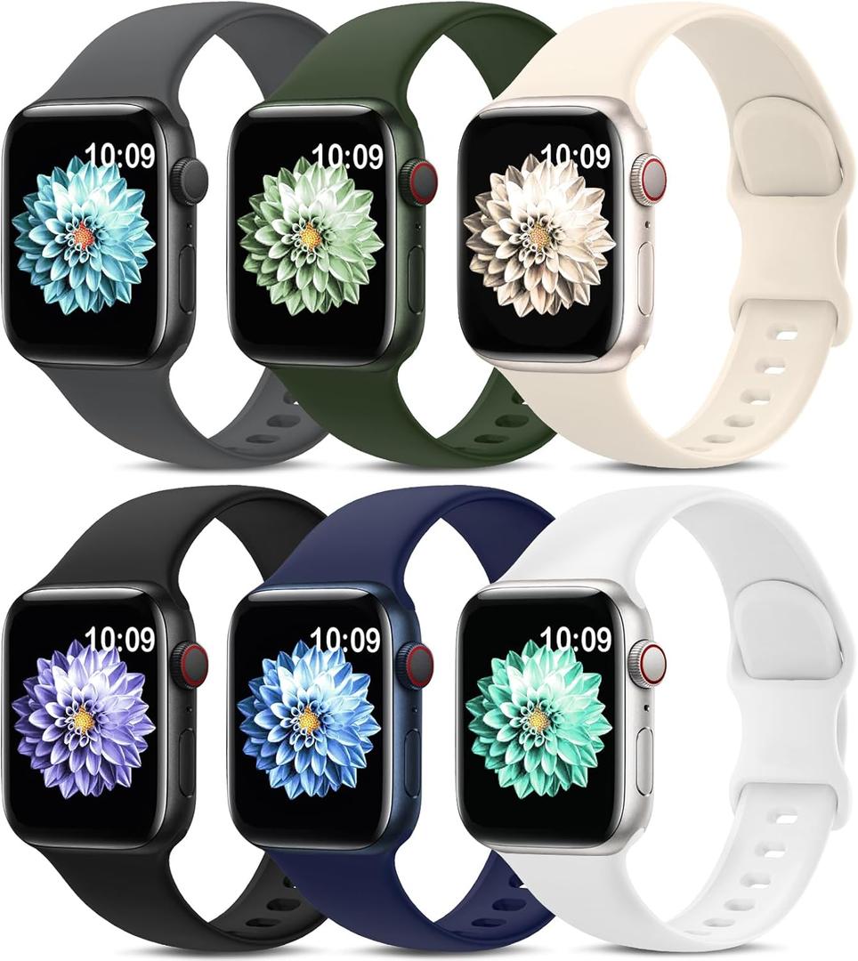 6 Pack Sport Bands Compatible with Apple Watch Band 38mm 40mm 41mm 42mm 44mm 45mm 49mm 46mm,Silicone Waterproof Strap Compatible with iWatch Apple Watch Series 10 9 Ultra 8 7 6 5 4 3 2 1 SE Women Men (Starlight/Black/White/Navy Blue/Cyprus Green/Dark Gray)