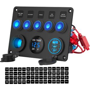12V 24V 5 Gang ON Off Rocker Switch Pre-Wired Aluminum Panel Waterproof with 78W Triple USB Ports Car Charger, LED Digital Voltmeter and Cigarette Lighter Socket for Car Boat Truck RV UTV, 15A Fuses