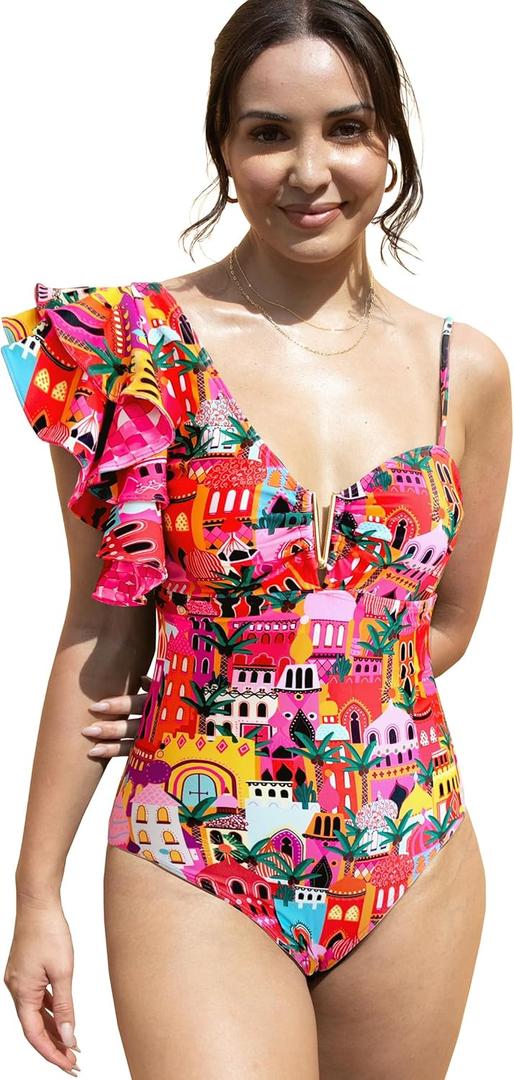 SPORLIKE Women One Piece Swimsuit Ruffle One Shoulder Bathing Suit Padded Monokini (X-Large, Castle/Pink)