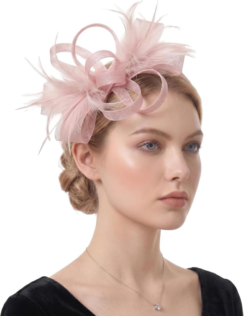 Fascinators Hats for Women, Derby Fascinator Headband, Lightweight Tea Party Hat, 2-in-1 Clip, Cocktail Wedding (Pink)