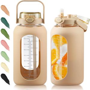 SIEROZUR 64 oz Glass Water Bottle with Straw and Handle Lid Half Gallon Motivational Glass Bottle with Silicone Sleeve and Time Marker Large Reusable Sports Water Jug for Gym Home Workout (74.4 Ounces, Amber)