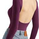 SUUKSESS Women Backless Y2k Long Sleeve Bodysuit Double Lined Open Back Sexy Basic Top (Medium, Plum)