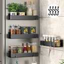 Alphyse Magnetic Spice Rack for Refrigerator, 11.8 Inch Adhesive Wall Mount Spice Rack, Strong Magnetic Shelf for Refrigerator, Space Saving Kitchen Organizer with 8 Removable Hooks (Black，2 Pack)