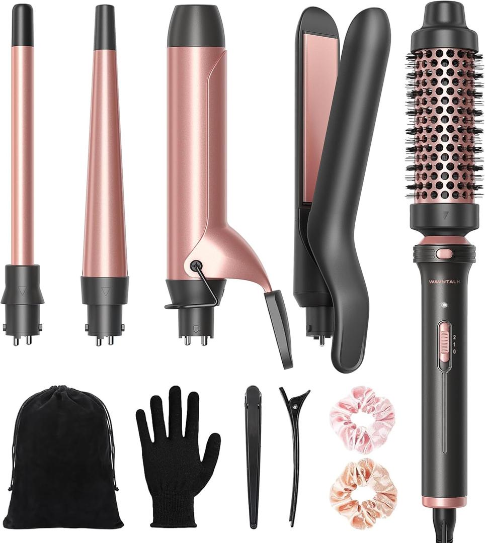 Wavytalk 5 in 1 Curling Iron Set with Thermal Brush and 4 Interchangeable Ceramic Curling Wands (0.5'-1.25'), Instant Heat Up Hair Curling Iron, Rose Gold