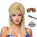 80s Blonde Wig for Women, High Top Fluffy Straight Long Hair with Bangs, Vintage Retro Rocker Costume Wig for Halloween Party Cosplay, with Wig Cap & Comb (Light Blonde)