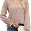 ANRABESS Women's Dressy Casual Blouses V Neck Long Sleeve 2025 Fall Loose Fit Tunic Tops Pleated T Shirts Trendy Outfits, L (Apricot)