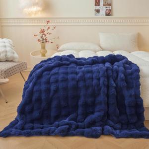 LIFEREVO Fluffy Faux Rabbit Fur Bubble Throw, Plush Shaggy Blanket for Couch Sofa Chair, Soft Cute Royal Furry Blanket Adults Kids Teens Girls, Fuzzy Throw for Bedroom Living Room, 50x60, Navy Blue