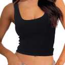 Danysu Women Rib Tank Top Padded Workout Top Square Neck Crop Tank Fitted Basic Cami Tops (X-Small, Black Solid)