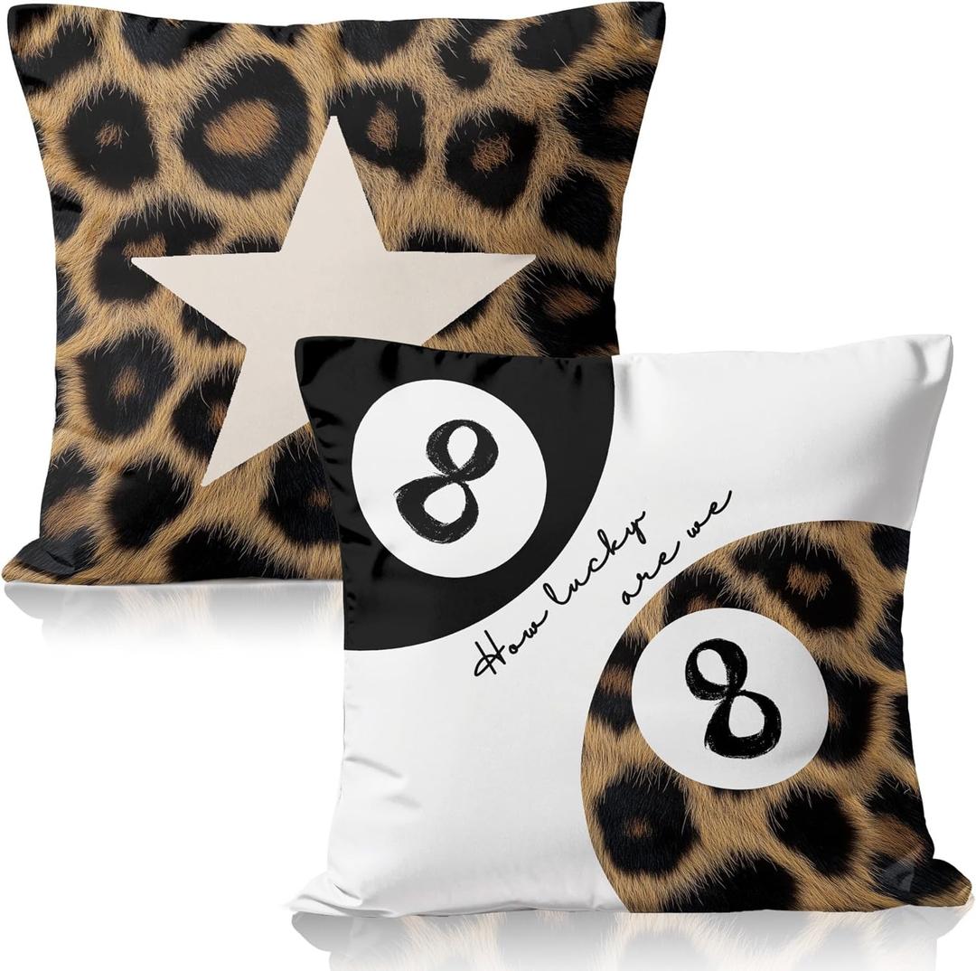 Cheetah Leopard Lover Gifts for Women,Preppy Star Lucky 8 Ball,Cheetah Leopard Print Room Decor Pillow Cover 18x18 Set of 2,Coquette Preppy Pillow Covers for Girls Room Dorm Apartment Decor(5)