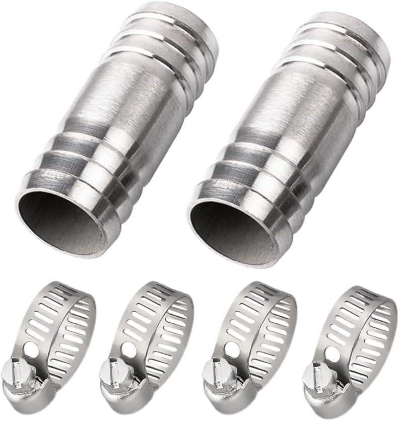 Stainless Steel 304 Hose Barb Fitting Union 1-1/4" Barbed x 1-1/4" Barbed Splicer Mender Coupler with Hose Clamp (Pack of 2)