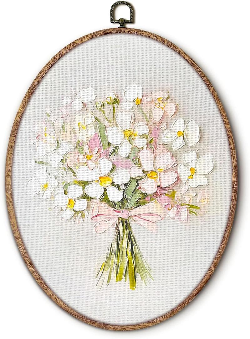 Coquette Pink Bow Floral Bouquet Oval Wall Art Framed, White Floral Oval Wall Decor, Vintage Flower Hanging Canvas Prints Wall Sculptures for Home Bedroom Living Room Decor, 8.5x11.5 Inch