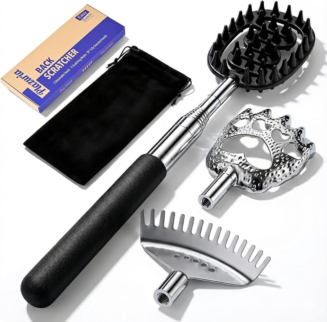 Oversized Back Scratcher with 3 Detachable Heads, Stocking Stuffers for Men & Women, Extendable 30" Handle with Spikes, Rake & Bear Claw Heads (Classic Black)