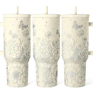 SANDJEST Floral Tumbler with Handle 40oz, Stainless Steel Insulated Tumblers Coffee Travel Mug Cup with Straw, Flower Coffee Cup Gifts for Women Girls, Gift for Her on Christmas Birthday Mothers Day