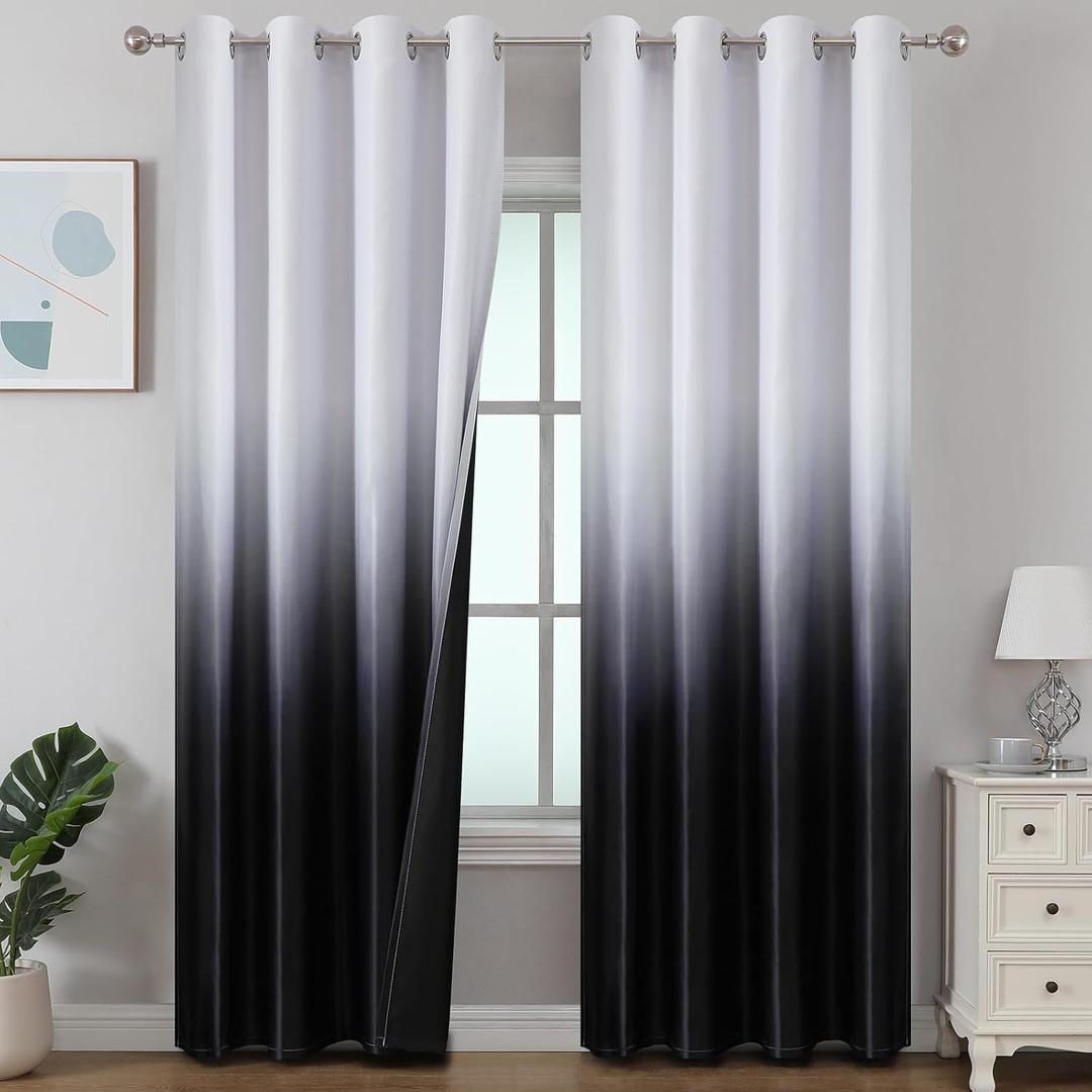 Estelar Textiler Black and Greyish White 90 Inch Blackout Window Curtains for Living Room, Ombre Room Darkening Thermal Insulated Grommet Curtain/Drapes for Bedroom,2 Panels,52Wx90L Inches Long