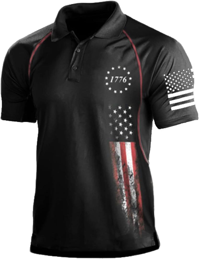HARGLESMAN 1776 Independence Day American Flag Print Patriotic Shirt for Men Short Sleeve Polo Quick Dry Breathable Athletic Tees Tactical Golf Tennis Tops Outdoor Activities Big Tall Black 3XL
