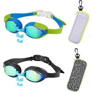 Kids Swim Goggles Age 3-14,2 Pack Swimming for Goggles Children/Boys/Girls with Case (2pk - Black & Blue)