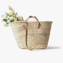 French Market Basket with Double Flat Leather Handle, Handmade Straw Tote for Shopping, Beach, and Everyday Use