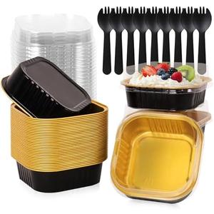 FORBFAN 8 oz Black Gold Mini Cake Pans with Lids 150 Pack, Disposable Aluminum Square Baking Cups, Oven-Safe Ramekins for Party Desserts, Catering & Small Business