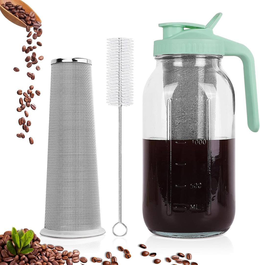 Cold Brew Coffee Maker64 oz Wide Mouth Mason Jar Pitcher with Stainless Steel Filter, Pour Spout Handle Lid, Heavy Duty Glass Airtight & Leak-Proof for Iced Coffee Tea & Lemonade-Green