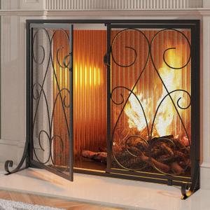 Kingson 2-Panel Fireplace Screen with Doors Handcrafted Wrought Iron Decorative Mesh, Symmetric Scroll Fire Spark Guard-Black