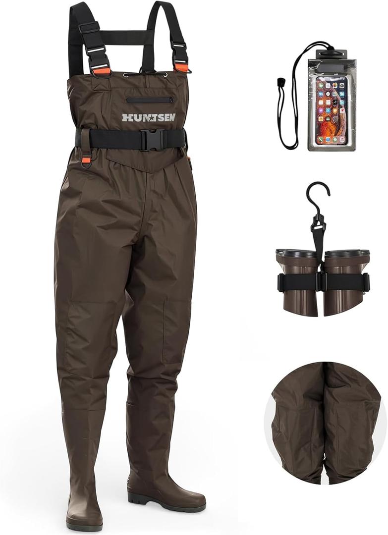 HUNTSEN Fishing Waders for Men Women - 2-Ply Nylon/ PVC Waterproof Hunting Chest Waders with Boot Hanger, Phone Case Brown Size M-11