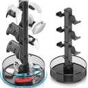Rotatable Gaming Controller Holder with Basket for Desk, Controller Stand for PS5/PS4/Xbox/Switch/PC Accessories, Holder with Cable Organizer, 4 Tiers Black