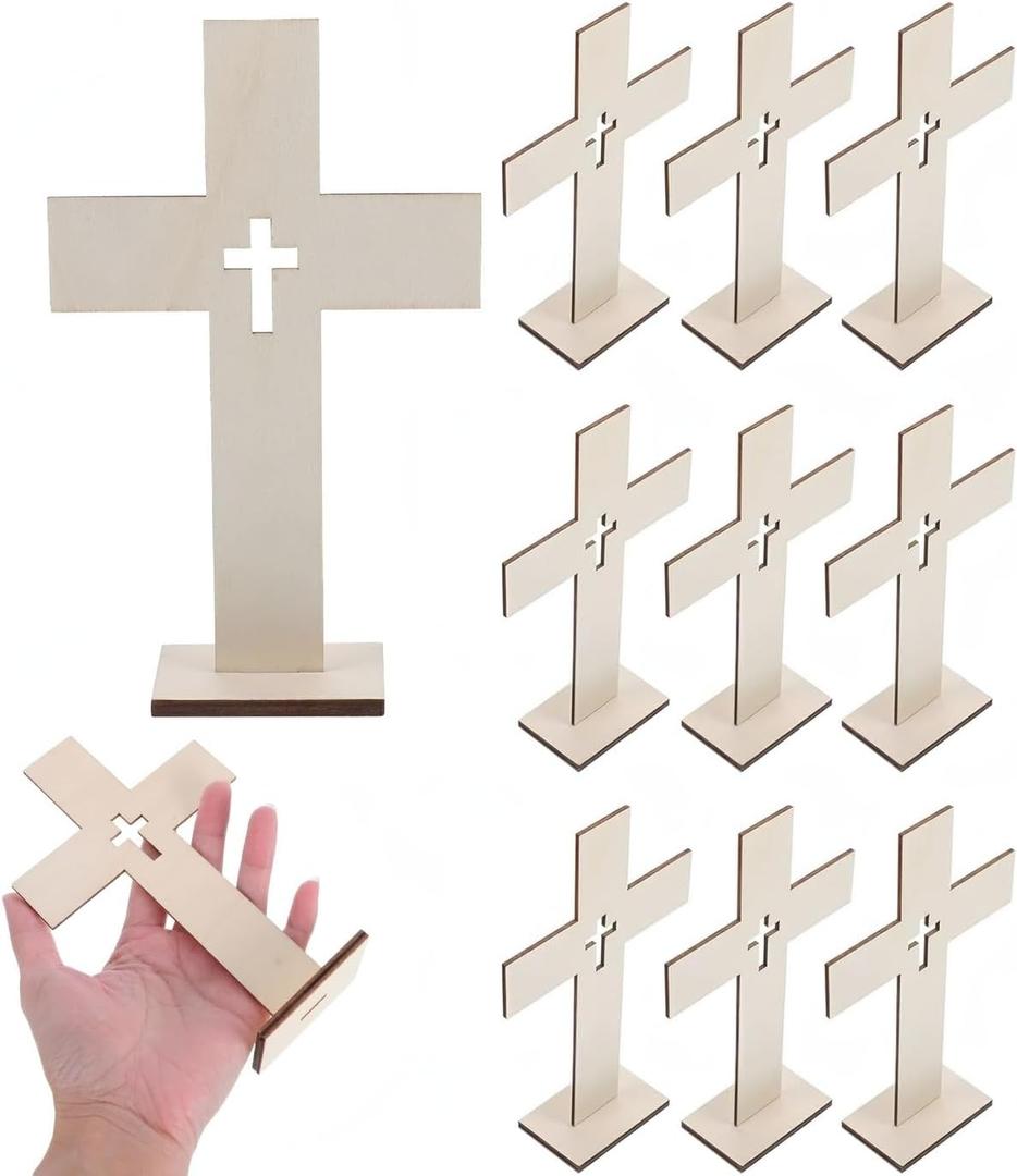 Wooden Crosses for Crafts: 10 Pack Unfinished Wood - DIY Blank Crosses with Stands Small Religious Crucifix Ornaments Catholic Baptism Centerpiece DIY Craft Supplies
