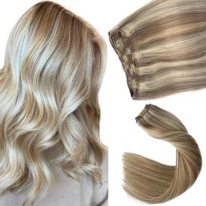 Sew in Weft Remy Human Hair Extensions, Ash Brown & Blonde Bundles, 24 Inch, 120G, Hand Tied, for Short Hair