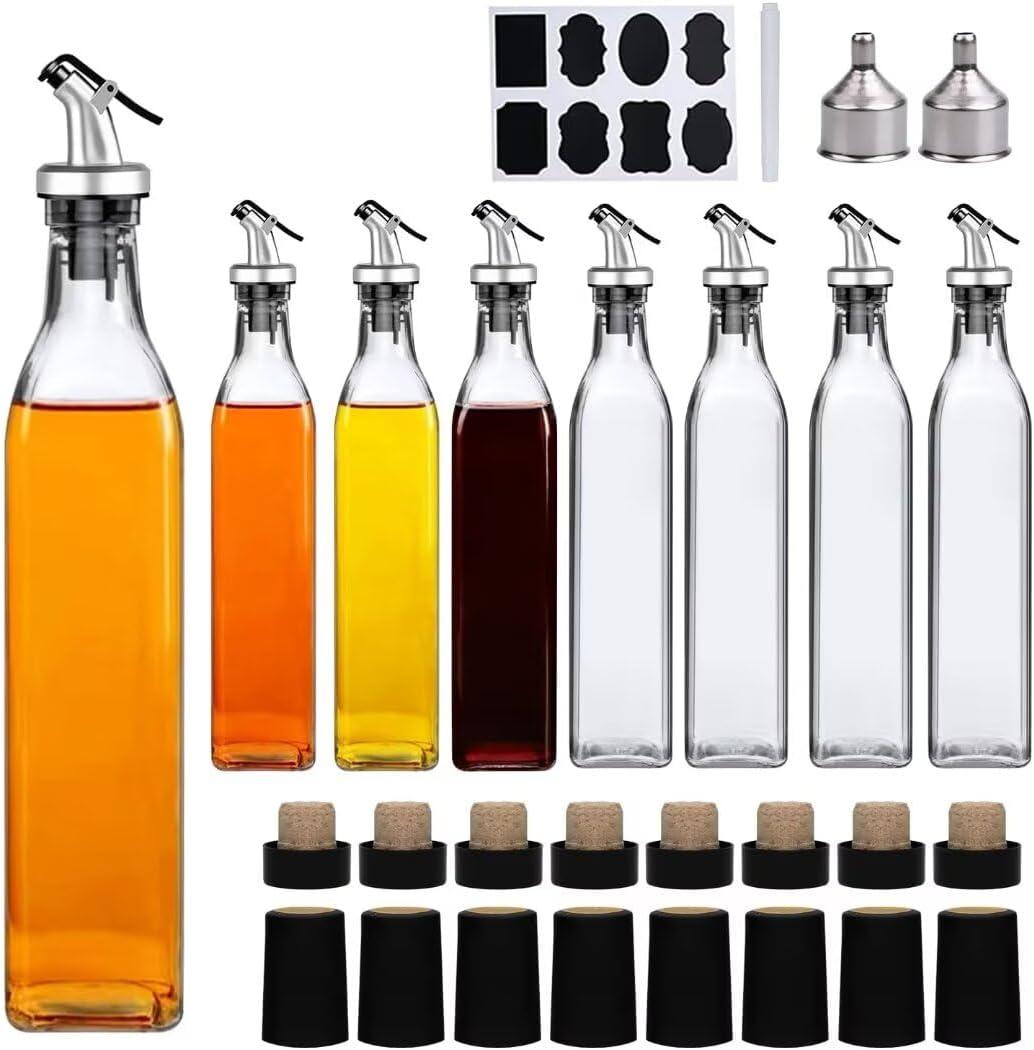 8 Pack 17oz Olive Oil Dispenser Bottle,Oil Dispenser for Kitchen, Cooking Oil Dispenser,Vinegar Cruet Bottle,Clear Cruet with Pourers and Corks