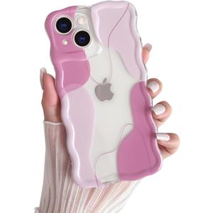 Yeddabox for iPhone 15 Case Cute Art Design Aesthetic Pattern Wavy Clear Phone Case Soft TPU Slim Shockproof Phone Cover for Women Girls, Pink