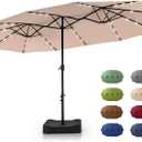 GREEN PARTY 15 ft Rectangle Patio Umbrella with Solar Lights and Base Included, Double-Sided Market Table Umbrella with Crank, Large Outdoor Umbrellas for Patio Poolside Garden Backyard, Beige