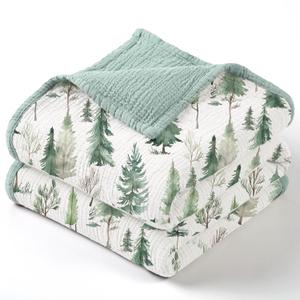 lulumoon Muslin Baby Blanket Neutral: Lightweight Cotton Blanket with Woodland - Ideal for Newborn to Toddler 47"x47" (Pine Forest)