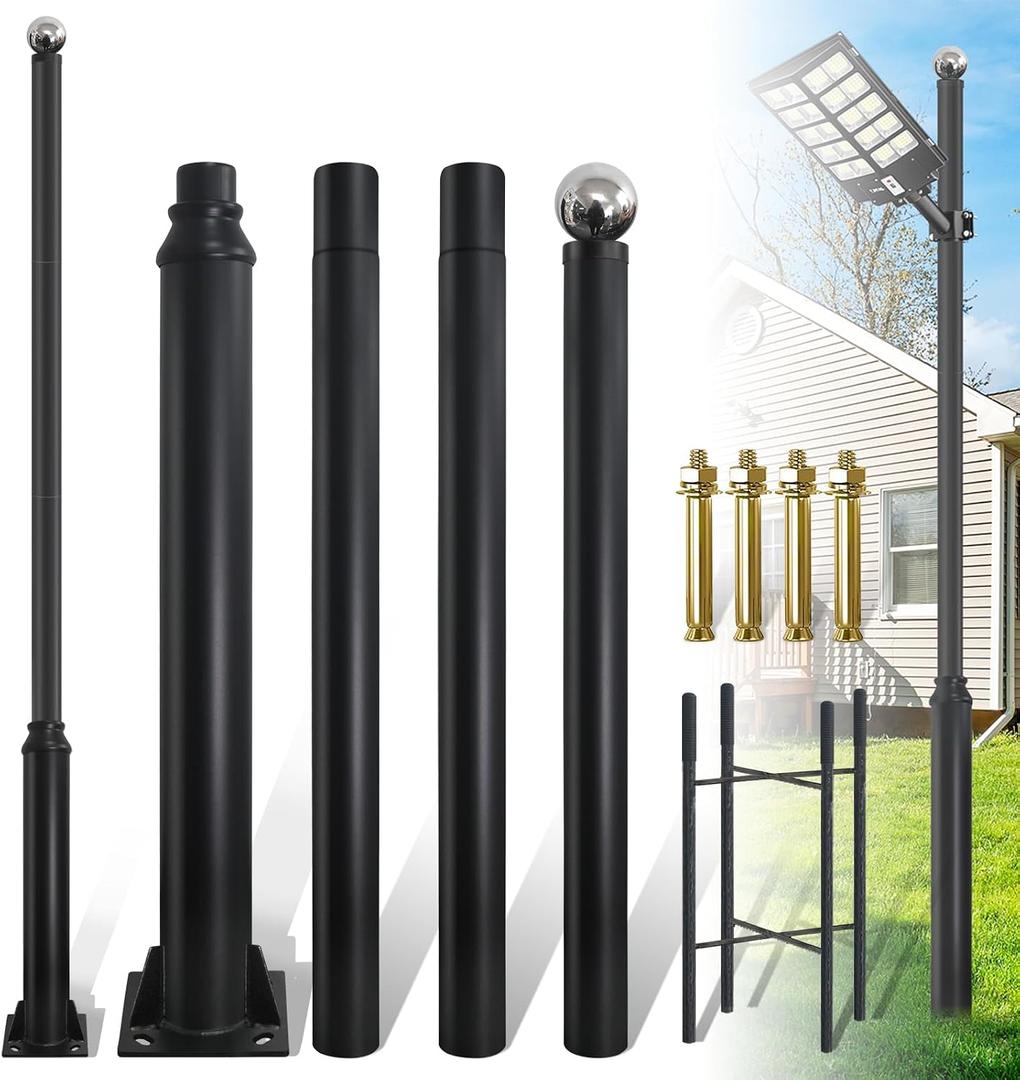 13Ft Tall Street Light Pole, Outdoor Heavy Duty Galvanized Metal Street Lamp Post with rebar Cages and Expansion Screw (13FT Black 114+76mm)
