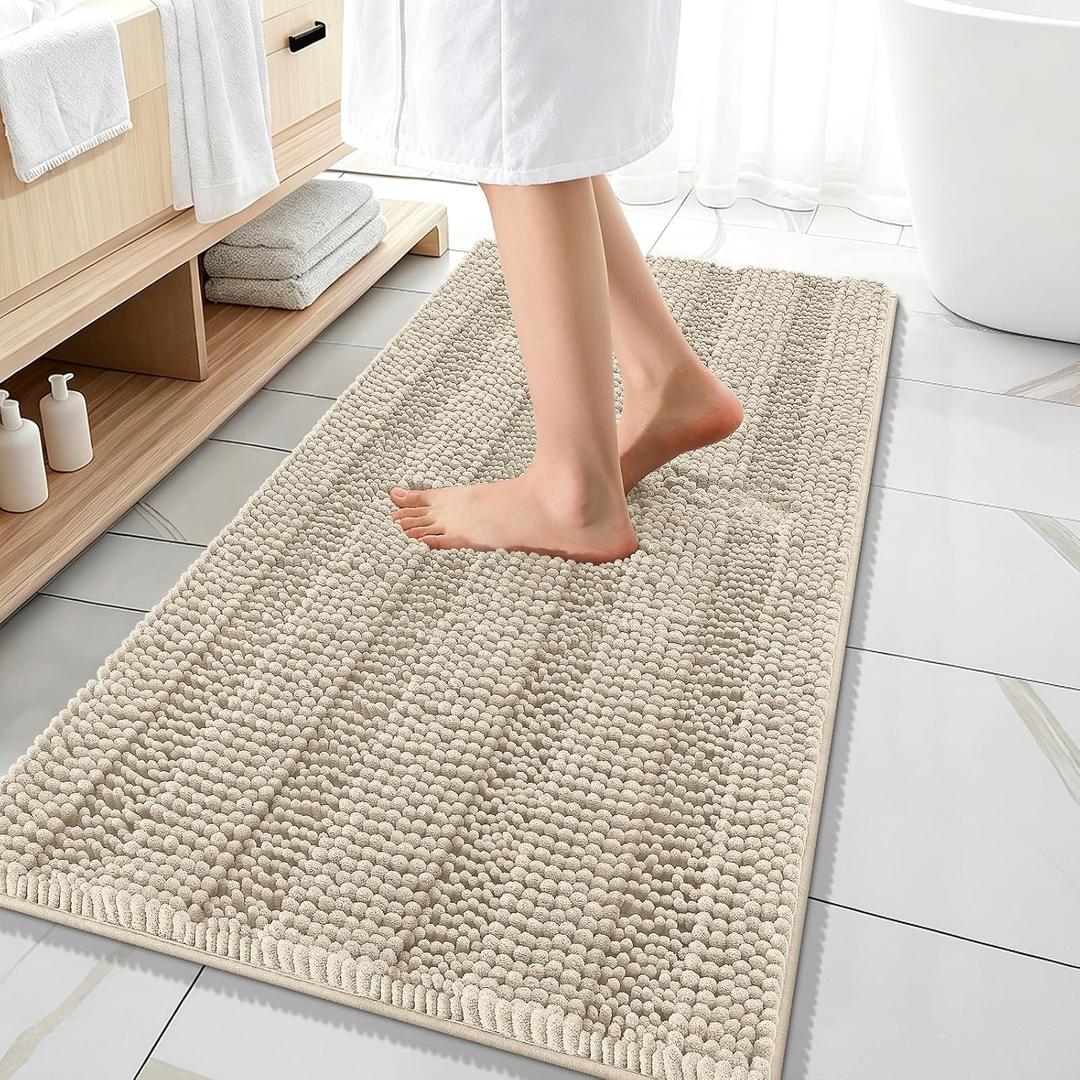 OLANLY Thick Bathroom Runner Rugs 47x20, Extra Absorbent Chenille Striped Bath Rugs, Rubber Backing, Machine Wash Dry, Long Bath Mats for Bathroom Floor, Tub and Shower, Home Decor Accessories, Sand