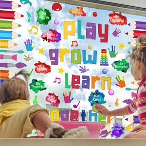 2 x Finduat Play Grow Learn Together Window Clings, Colorful Motivational School Sticker Decals, 9 Sheets, Vinyl, Removable and Reusable, Classroom and Home Decor