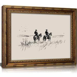 Vintage Gold Framed Canvas Wall Art Western Cowboy Sketch Painting Picture Wall Decor Rustic Minimalist Poster Print Artwork for Bedroom Living Room Study Home Decoration