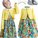 Old Lady Costume for Girls, 100th Day of School 4 Pcs Granny Grandma Set Outfit Wig for Kids Dress Up 4-10 Years, 4-6 Y