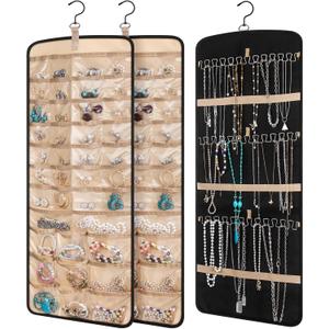 2 Pack Hanging Jewelry Organizer Storage with 39 Pockets, 30 Necklace Hooks Double Sided Wall Mount Earring Holder Organizer Bracelet Necklace Jewelry Display Hanger for Closet Door(Black)