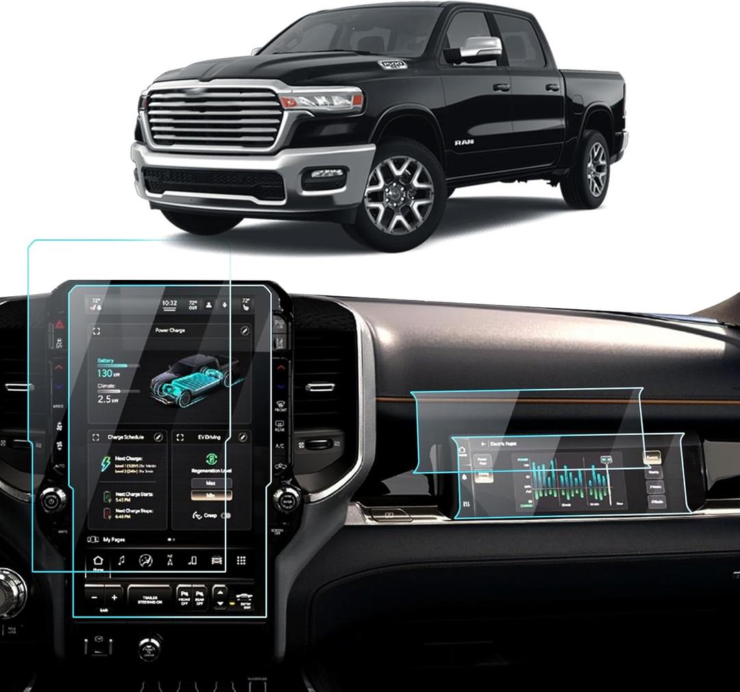 2025 2026 ram 1500 screen protector for Dodge RAM 1500 2500 3500 Laramie/Rebel/Limited/Limited Longhorn/Tungsten Uconnect Accessories Navigation & Passenger Seat Nano Screen Protector Film 14.4''&10.25''-4 Pack