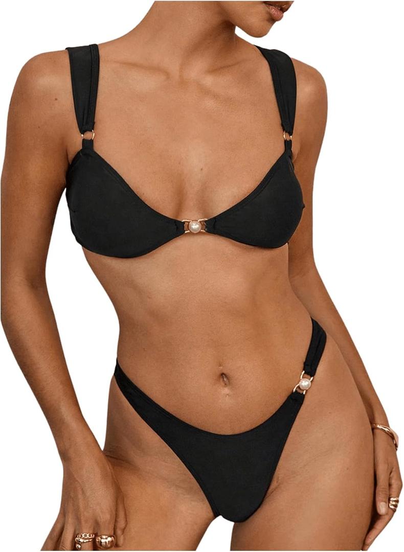 Women's 2 Piece High Cut Bikini Set Beaded Ring Linked Triangle Wireless Bathing Suit Swimsuit (Medium, Black)