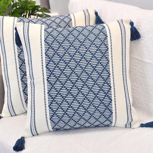 Oveesha Boho Throw Pillow Covers with Tassels Navy Blue 20x20 inches Set of 2 Checkered Geometric Pattern/Decorative Square Pillow Covers for Couch Sofa Indoor Outdoor/Farmhouse Accent Pillow Cases
