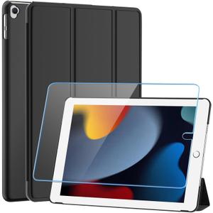 SUPFINE for 10.2 Inch iPad 9th Generation Case 2021, with [ Glass Screen Protector ]/ iPad 8th/7th Generation Case 2020/2019, Slim Stand Translucent Back Shell Cover, Black