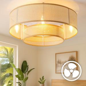 20'' Boho Flush Mount Ceiling Fans with Lights, Rattan bladeless Ceiling Fan with Light, Low Profile Small Caged fandeliers with Lights and Remote for Bedroom,Dining Room